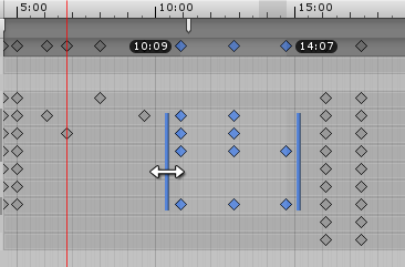 Scaling a selection of keys. Note the start and end times of the selection displayed under the top timeline bar.