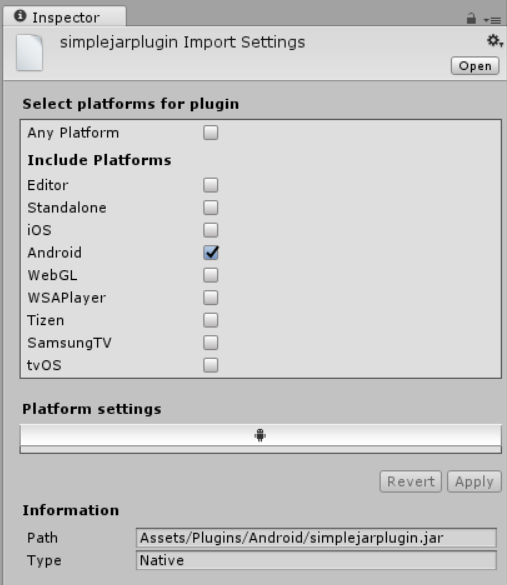 JAR plug-in import settings as displayed in the Inspector window