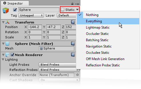 The Static checkbox and drop-down menu, as seen when viewing a GameObject in the Inspector