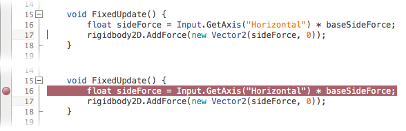 Breakpoint being added to code on line 16