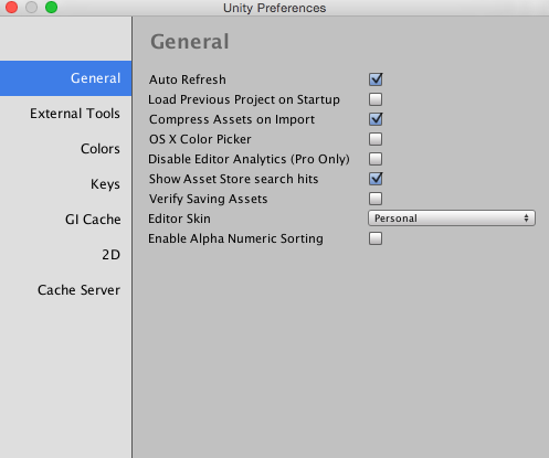 Unity Manual Preferences