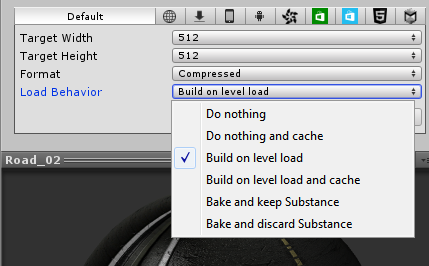 The Load Behaviour options in the inspector for a Substance material