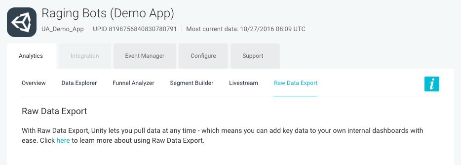 Unity Manual Unity Analytics Raw Data Export