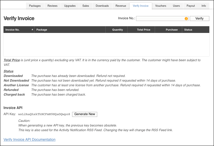 Verify Invoice screen of the Asset Store.