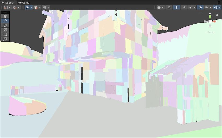 A wooden village scene in Clustering mode. Each GameObject displays a bright multicolored patchwork pattern that represents lightmap clusters.