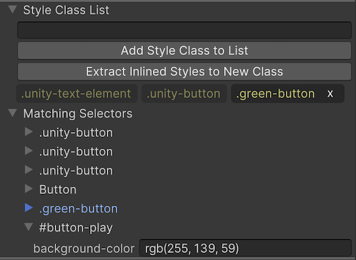 A selected visual element shows its matching selectors in the Inspector