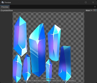 A sprite atlas texture in the Preview window. Seven crystals of different sizes are packed into one texture in different orientations.
