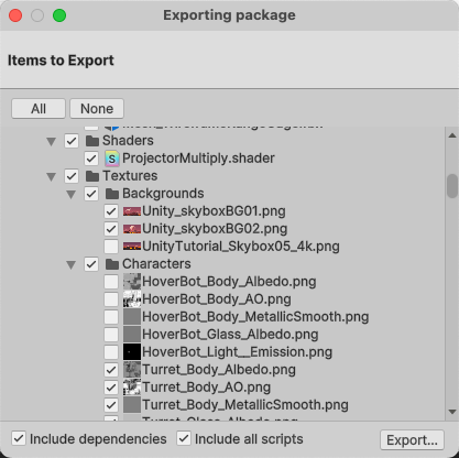 Exporting Package dialog box