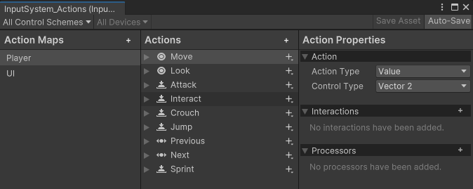 The Actions Editor window, with some default actions provided by the Input System Package