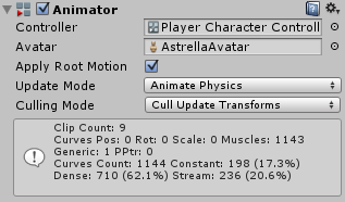 The Animator component with a controller and avatar assigned