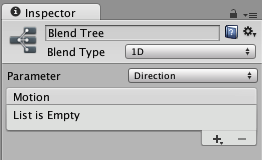 A Blend Node in the inspector before motions are added. Use the plus icon to add animation clips or child blend trees.