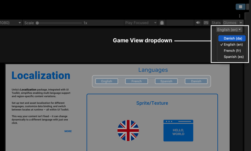 Use the Game View Locale drop-down to preview the localization.