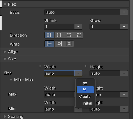 Size settings for a visual element.