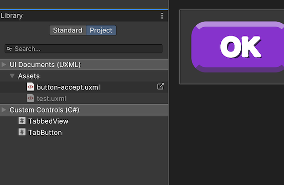 Templates are reusable UXML and are available in the Library pane in the Project tab.