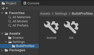 Build profiles stored as Assets in the Project window.