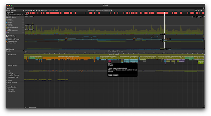 Profiler window with a frame in the CPU Usage Profiler module selected. The Timeline view is selected in the details pane.