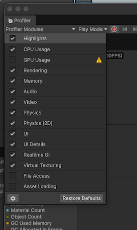 Profiler windows Profiler Modules dropdown menu