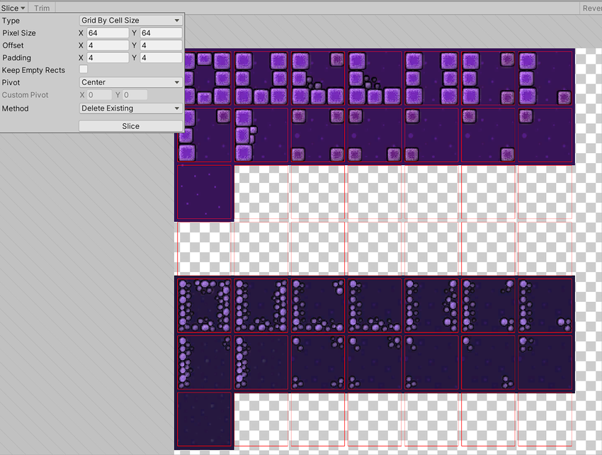 A sprite in the sprite editor with the Slice Type set to Grid By Cell Size. The SpriteRects preview is displayed as a grid of red rectangular outlines over the sprite.