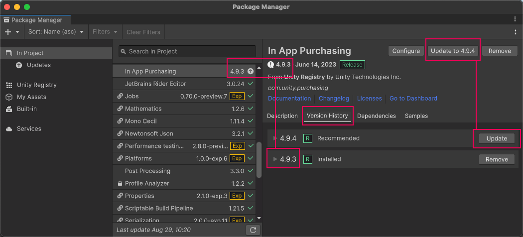 Version numbers for installed packages display in multiple places and the recommended version appears on the Update to #.#.# button