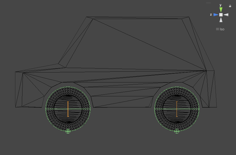 Two Wheel collider gizmos indicate the position of the Wheel colliders in relation to the wheel models. In this image, the Wheel colliders are centered correctly in the wheel model, and their radius correctly matches the radius of the wheel model.