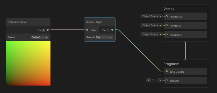 Shader Graph with a Screen Position node connected to a Scene Depth node