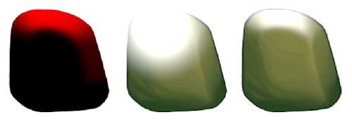 Left: A mask map texture for a smooth rock. Center: The sprite without the mask map. The rock receives light uniformly. Right: The sprite with the mask map. The rock receives less light where the mask map is less red.