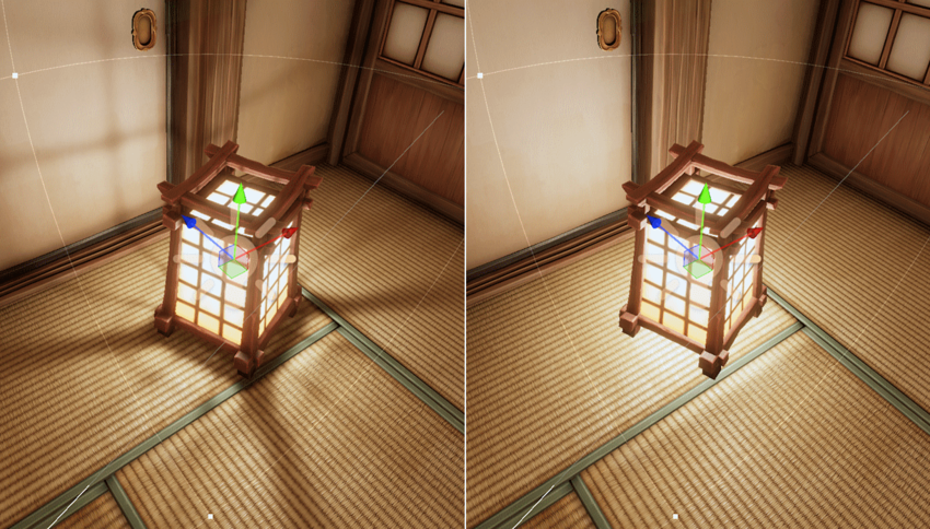 Point light with a light cookie emulating shadows (left), and a point light without shadows (right)