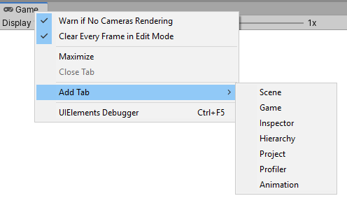 The context menus Add Tab options