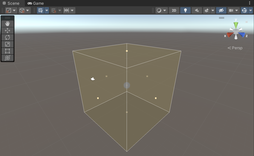 The Scene view with the yellow box shape that represents the size of the Reflection Probe, and the small square handles you can use to resize the probe.