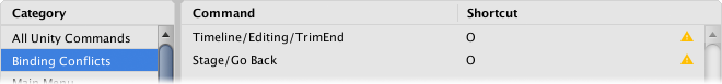 The Binding Conflicts category shows all commands that have the same shortcut