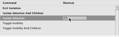 The Shortcut field shows Shift5 for the selected command