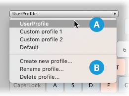 The User Profile dropdown has two sections: A profile list (A) and profile options (B)