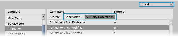 Use the search row to move between results for the Animation category and the All Unity Commands category