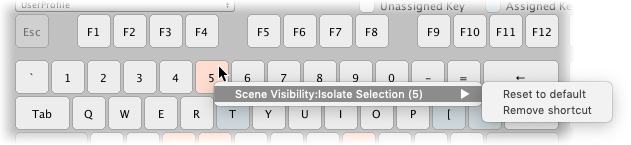 The context menu for a key in the key map offers two options: Reset to default and Remove shortcut