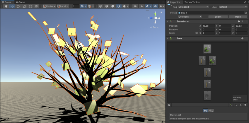 The tree has leaves growing from both branch groups, but not the trunk or root node. The Tree Hierarchy view shows one leaf group attached to each branch group.