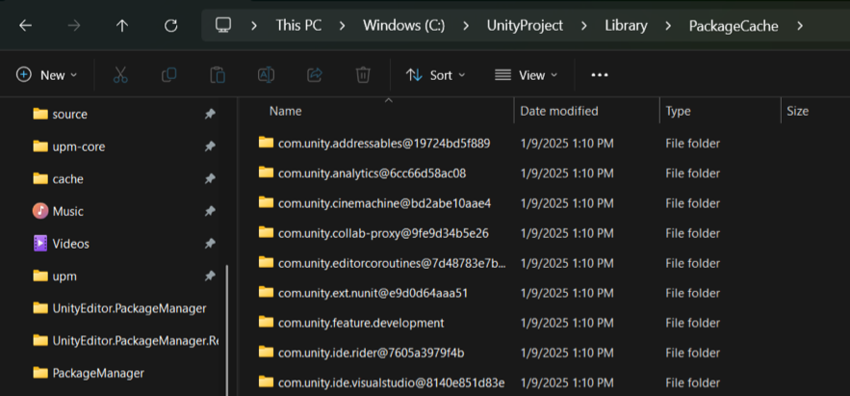 File browser opened to the package folder under the projects package cache