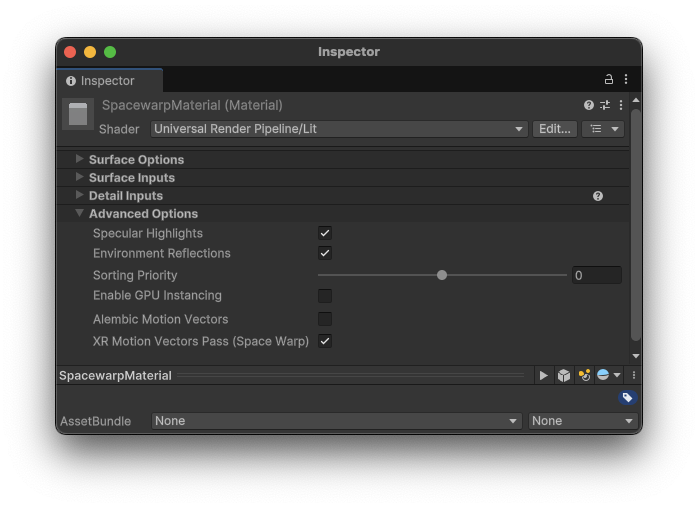 Material Inspector showing Advanced Options section.