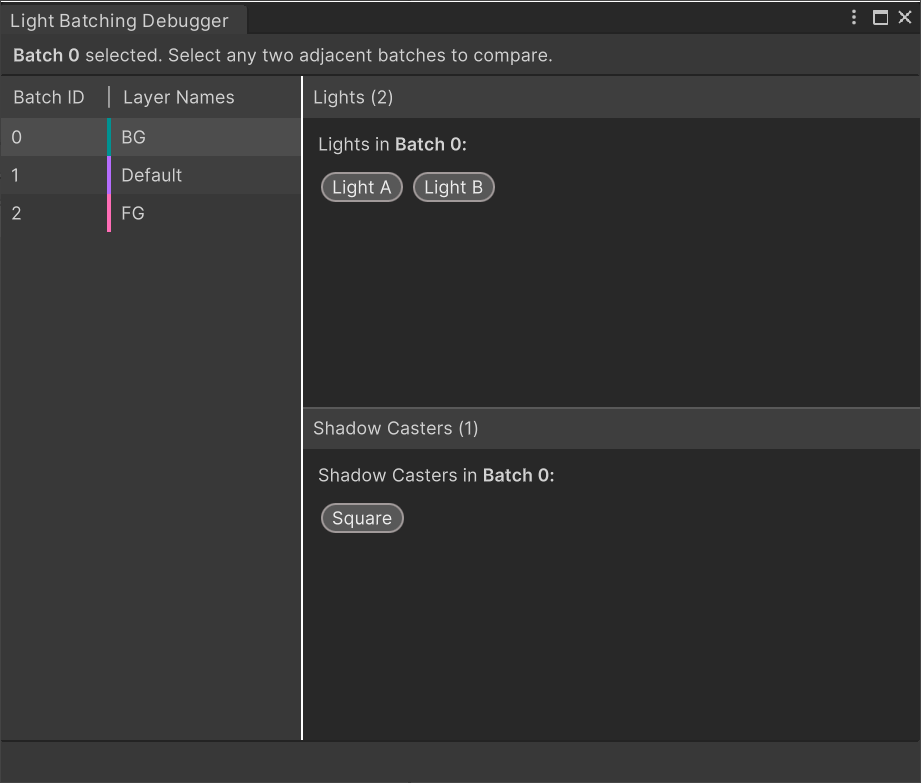 Light Batching Debugger window with selected batch.