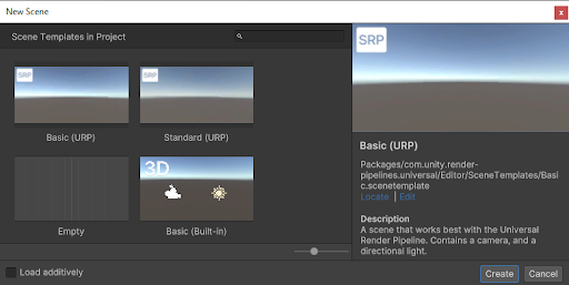 The New Scene dialog displaying Scene Templates.