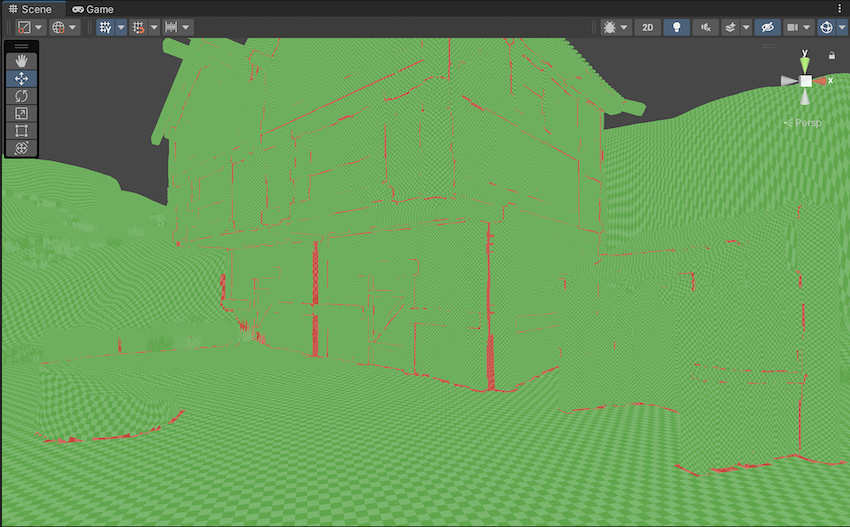 A wooden village scene in Texel Validity mode. Most of the scene is green to represent valid texels, but some of the edges of walls and GameObjects are red to represent invalid texels.