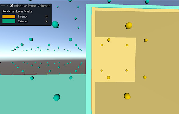 The Rendering Debugger displays Rendering Layers across both surfaces and probes. Green spheres fill the exterior on the left, while yellow spheres indicate probes inside a box on the right. 