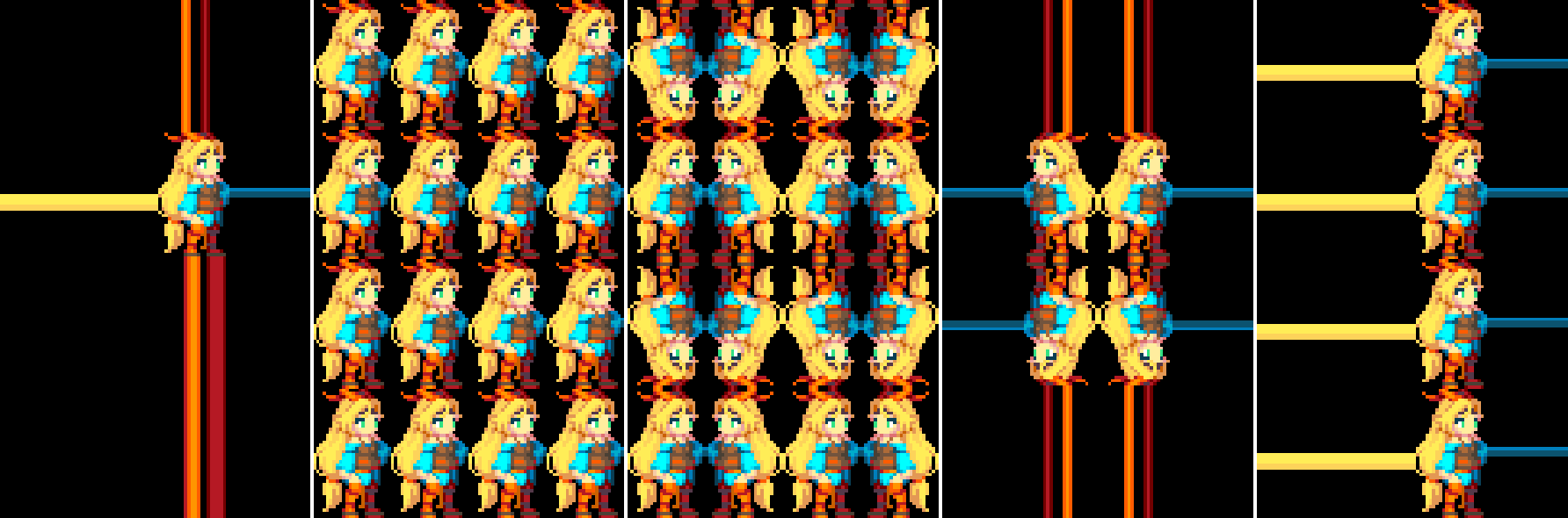 Illustration of how different sampler states work. From left to right: SmpClampPoint, SmpRepeatPoint, SmpMirrorPoint, SmpMirrorOncePoint, Smp_ClampU_RepeatV_Point.