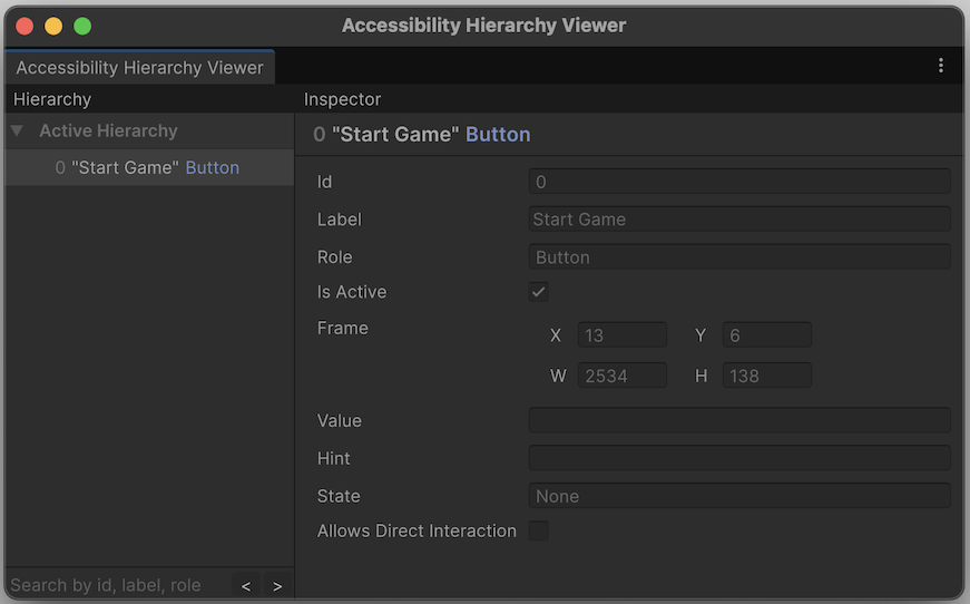 The Accessibility Hierarchy Viewer displaying the properties of the accessibility node representing the Start Game button