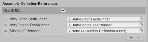 The Inspector window displays the configurable list of assembly definition references.