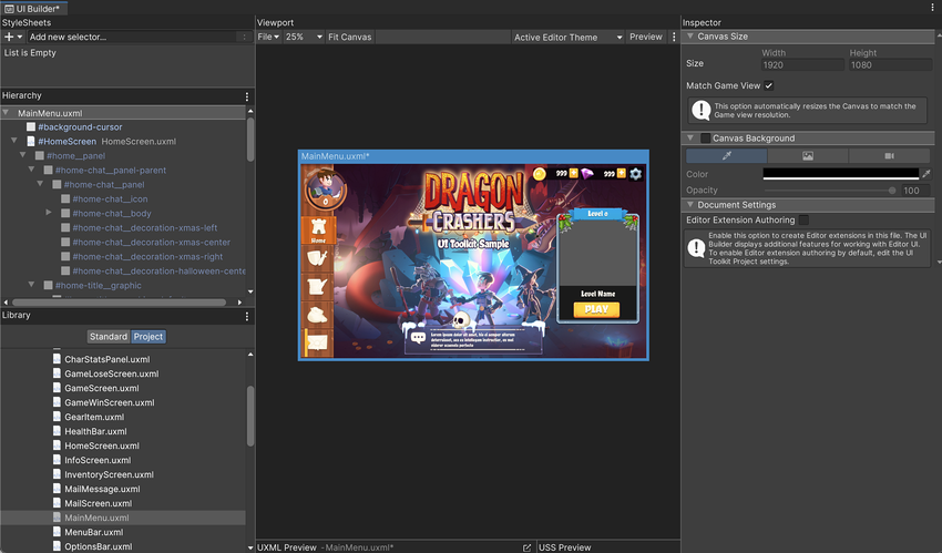 Main Menu UXML Preview in the UI Toolkit - Dragon Crashers sample project.