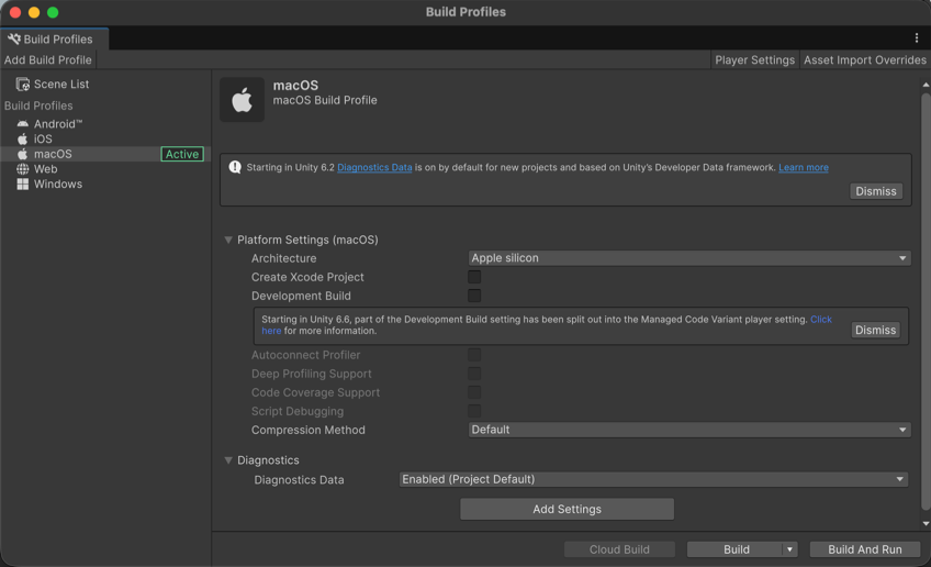 Example of build profiles for different platforms in the Build Profiles window