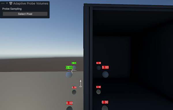 A dark, unlit interior of a box on the right and a simple gradient sky and ground on the left. Gray probe spheres are scattered across the four areas defined by the horizontal ground line and the vertical box plane. At a sampling point for a pixel outside the box, Unity evaluates eight surrounding probes. The four lower probes are embedded in the ground, making them invalid, and Unity never samples them. Among the valid upper probes, rendering layers limit sampling to those that match the layer mask. The two upper-left probes assigned to the exterior layer are selected.