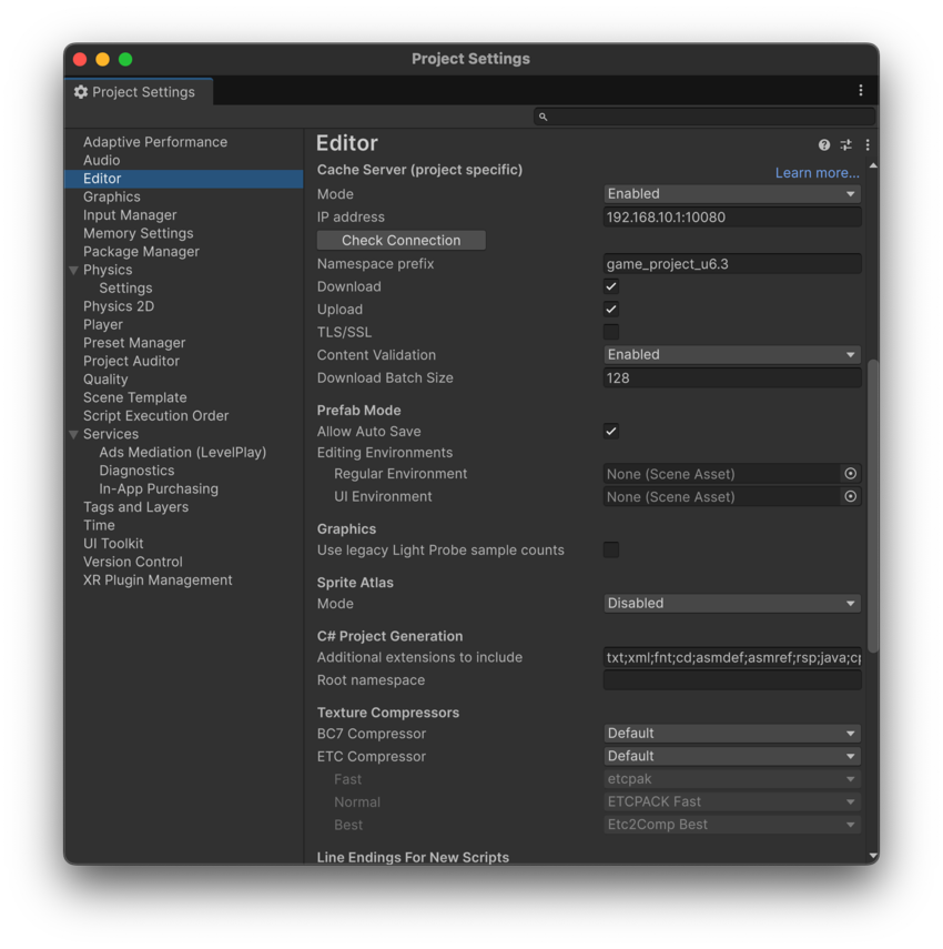Project Settings window, with the Cache Server settings displayed.