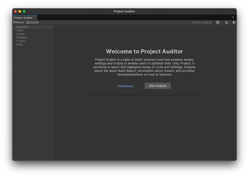 Project Auditor welcome screen