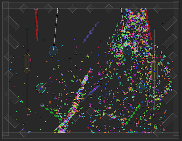An image from the sandbox demo of the PhysicsCore2D repository on GitHub. Thousands of tiny multi-colored capsules are scattered around an area dotted with 2D shapes, with boundaries represented by gray boxes.